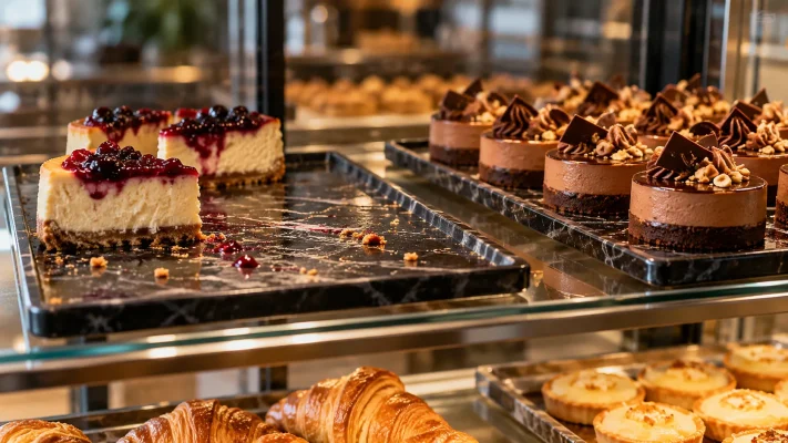 Kafe vitrininde hızlı tükenen cheesecake ile stokta kalan tatlıların stok devir hızı karşılaştırması.
