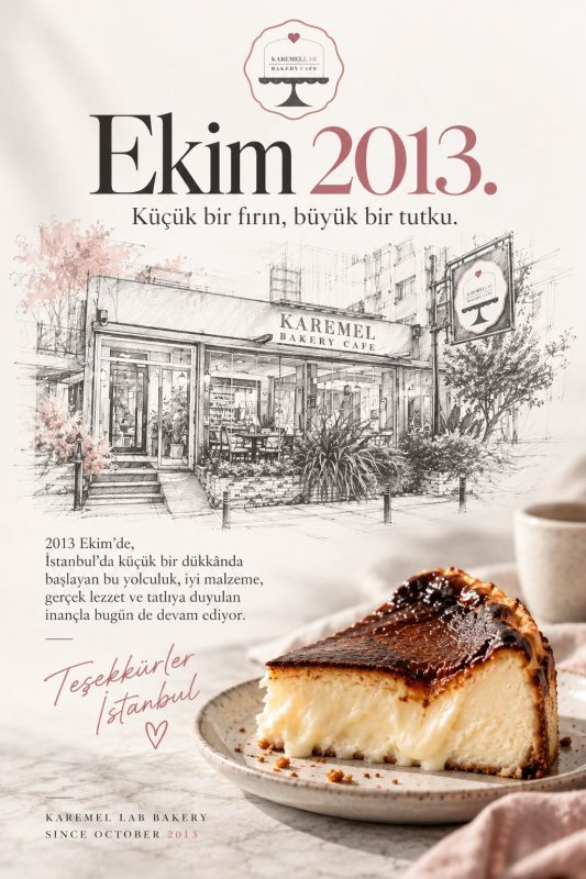 Karemel Lab Bakery’nin 13. yılını simgeleyen, Ekim 2013 kuruluş hikâyesi, pastane illüstrasyonu ve cheesecake görseli.