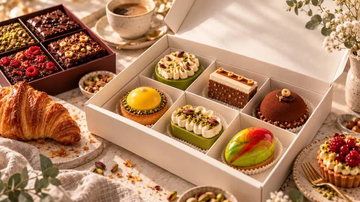 Karemel Lab Bakery’nin vitrini için hazırlanan görselde beyaz kutu içinde altı farklı tek kişilik pasta, yanında brownie kutuları, kruvasan ve kahve yer alıyor.
