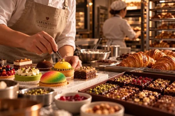 Karemel Lab Bakery’nin 13. yılını anlatan temsili üretim sahnesinde, pasta ustasının tek kişilik tatlıyı özenle süslemesi, brownie çeşitleri ve taze kruvasanlar görülüyor.