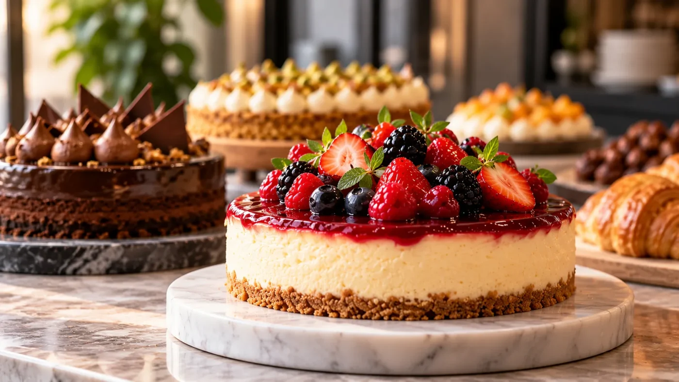 Pastacılıkta kalite standartları ile hazırlanan meyveli cheesecake ve çikolatalı pasta çeşitleri